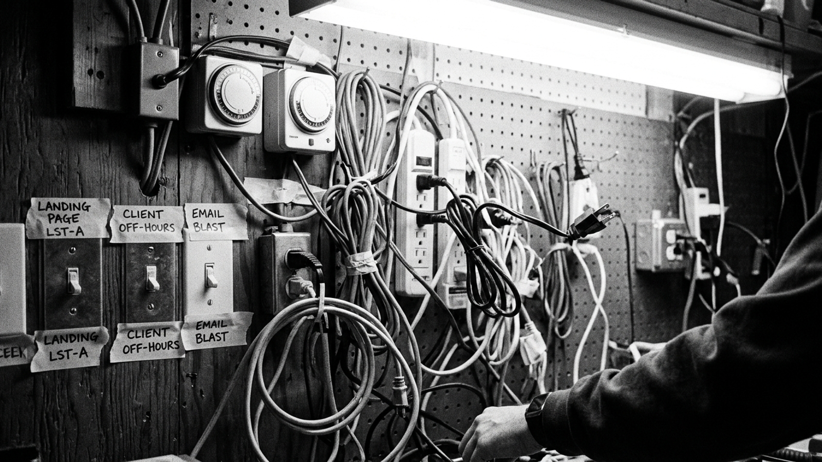 Black-and-white photo of tangled extension cords and unlabeled switches representing rework after client changes