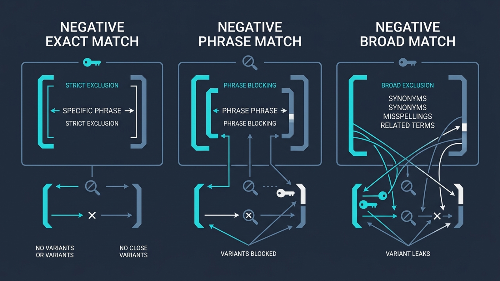 Diagram comparing exact, phrase, and broad negative-keyword boundaries