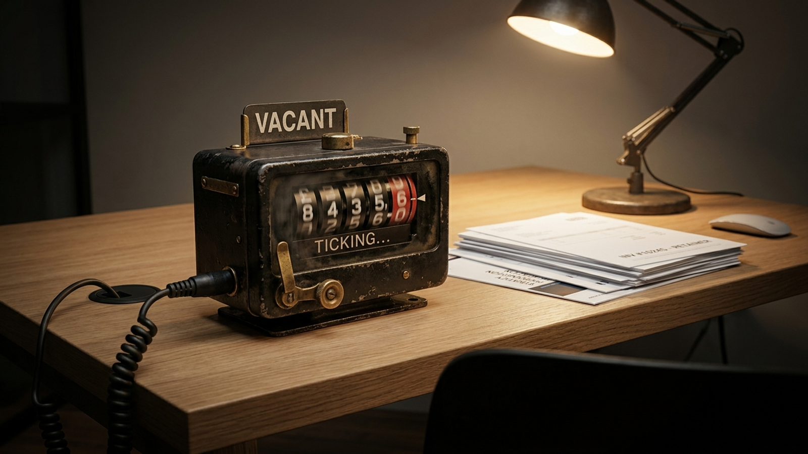 An antique brass taxi meter beside a stack of client invoices.