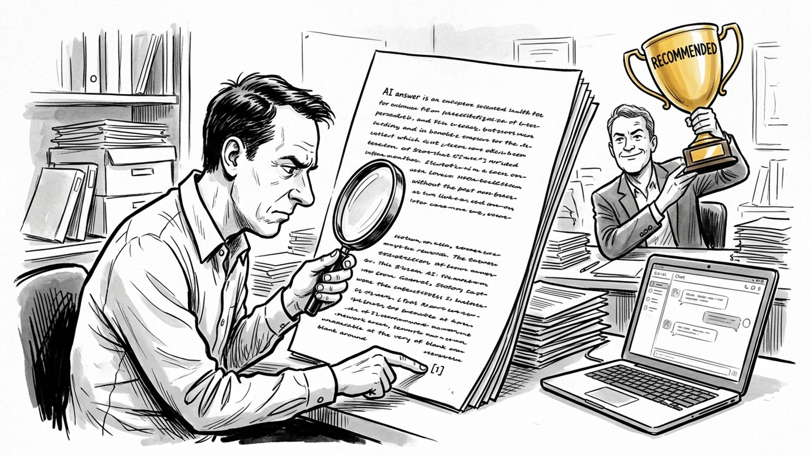 Ink cartoon of a vendor pointing to a footnote while a competitor receives the customer trophy
