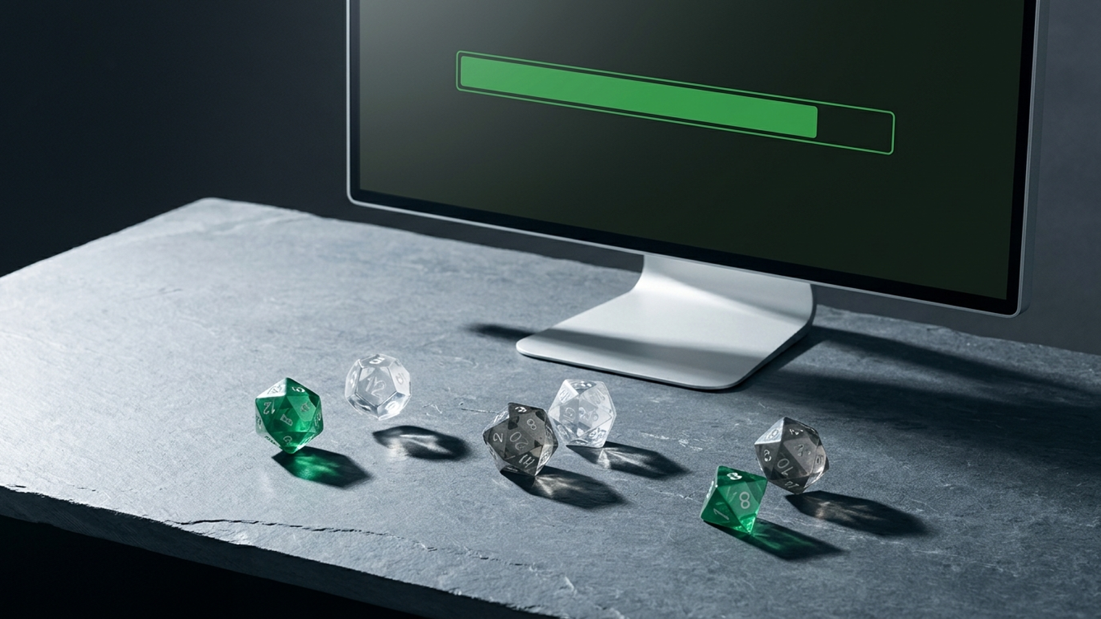 A green metrics bar on a monitor, with translucent dice on a slate surface.