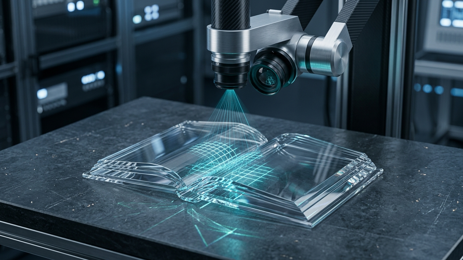 A scanner inspects a transparent book whose unrendered text it cannot read