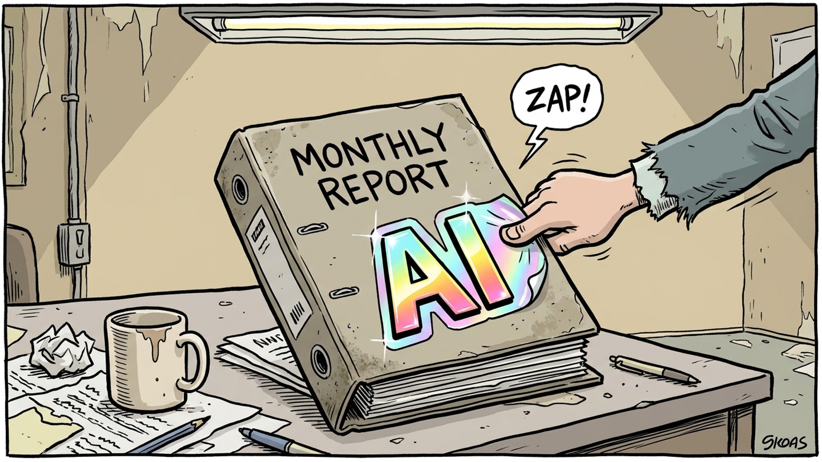 Cartoon of a marketer pasting an AI sticker over an old monthly report binder