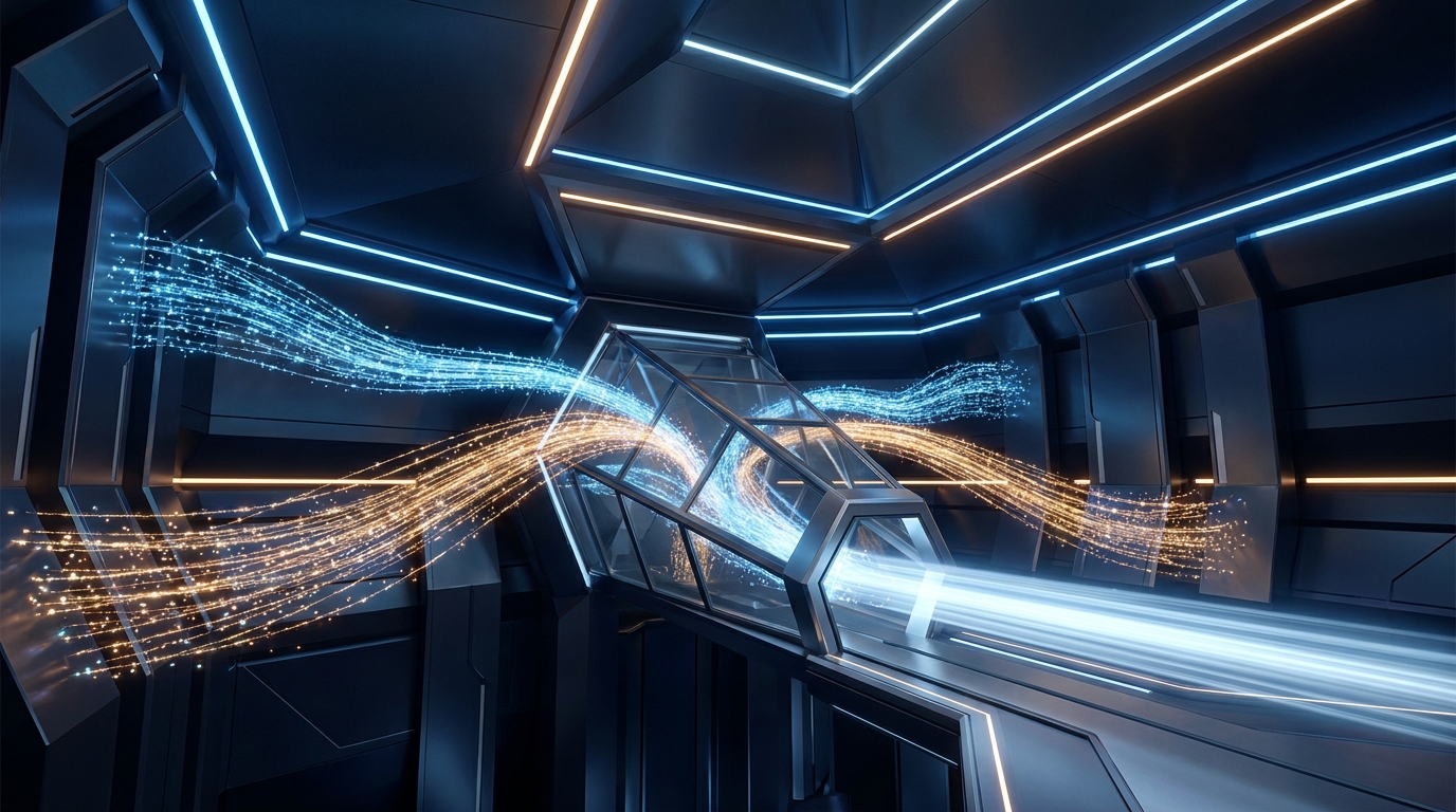 A wide editorial illustration of a precise control room with multiple streams of light converging into a single funnel, symbolizing B2B lead quality control in Performance Max campaigns.