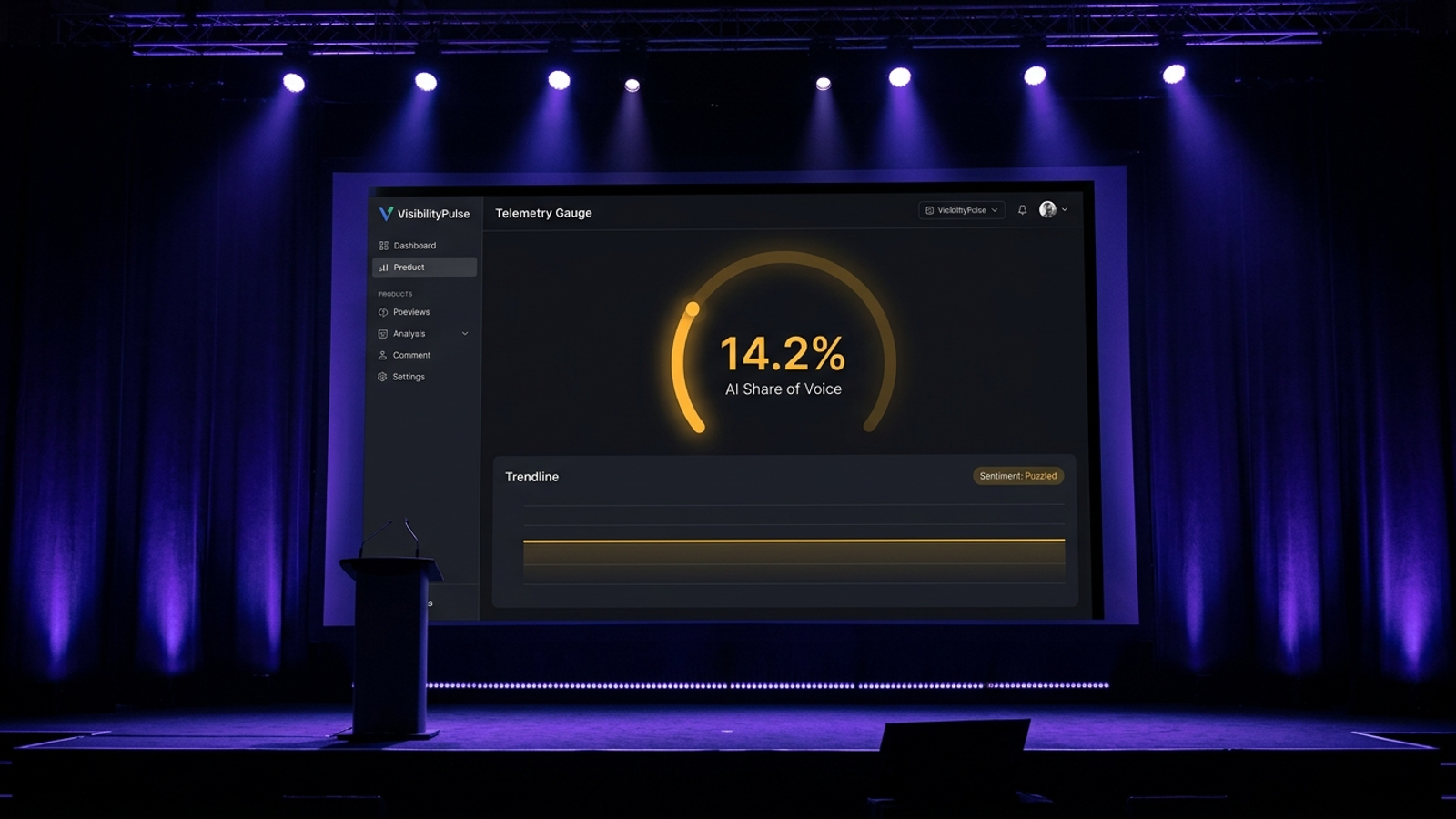 Fictional VisibilityPulse Pro keynote slide showing a 14.2 percent AI Share of Voice gauge and a flat trend chart.