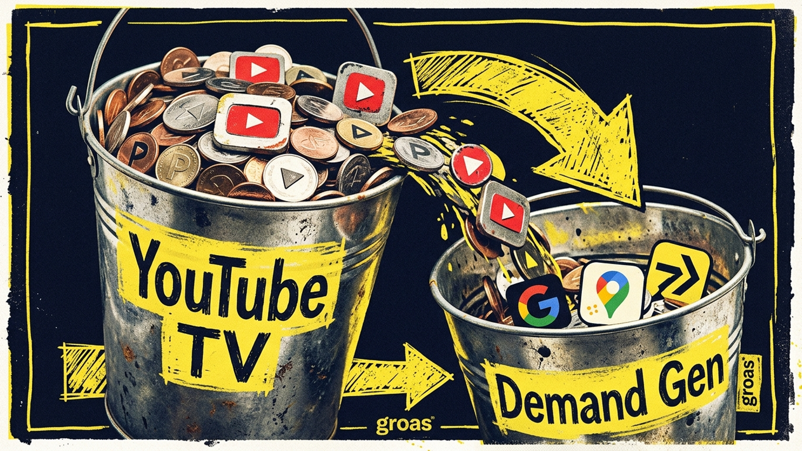 YouTube TV bucket overflowing ad dollars into a Demand Gen bucket