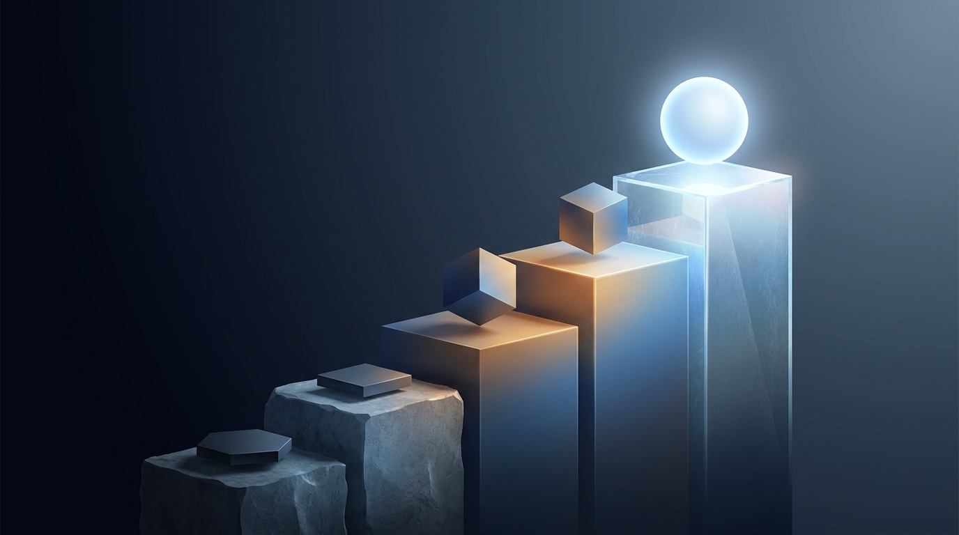 A tiered podium of glowing geometric forms ascending from dim rule-based blocks to a radiant autonomous peak, set against a deep navy background.