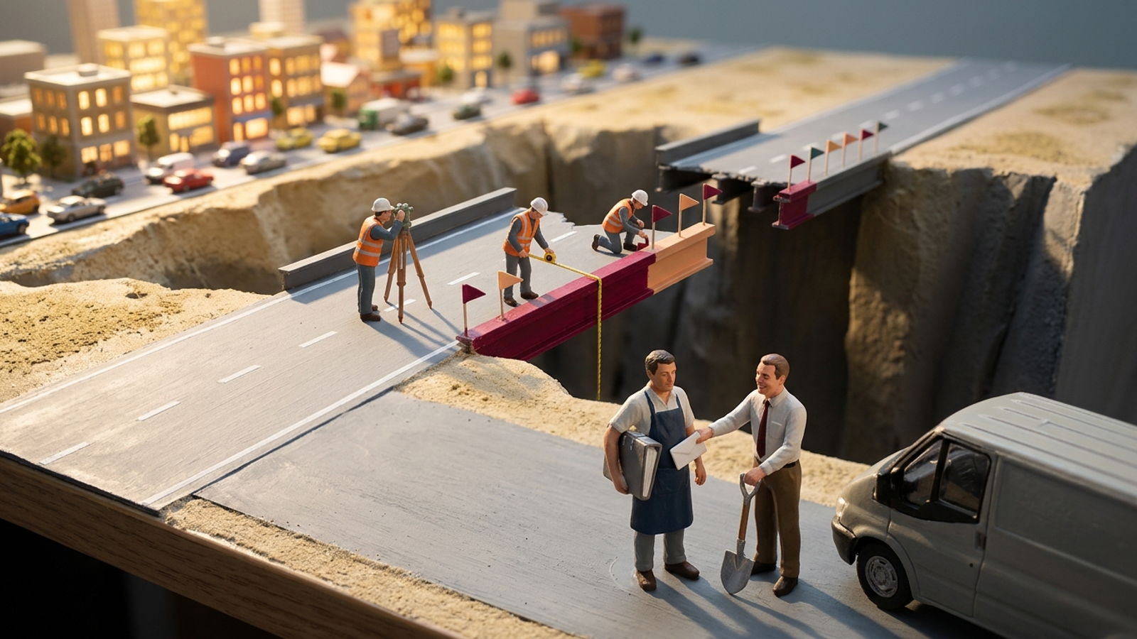 Tiny surveyors paint and measure the broken edge of a bridge to a city, then hand the owner a binder and a shovel: the gap is mapped, not closed.